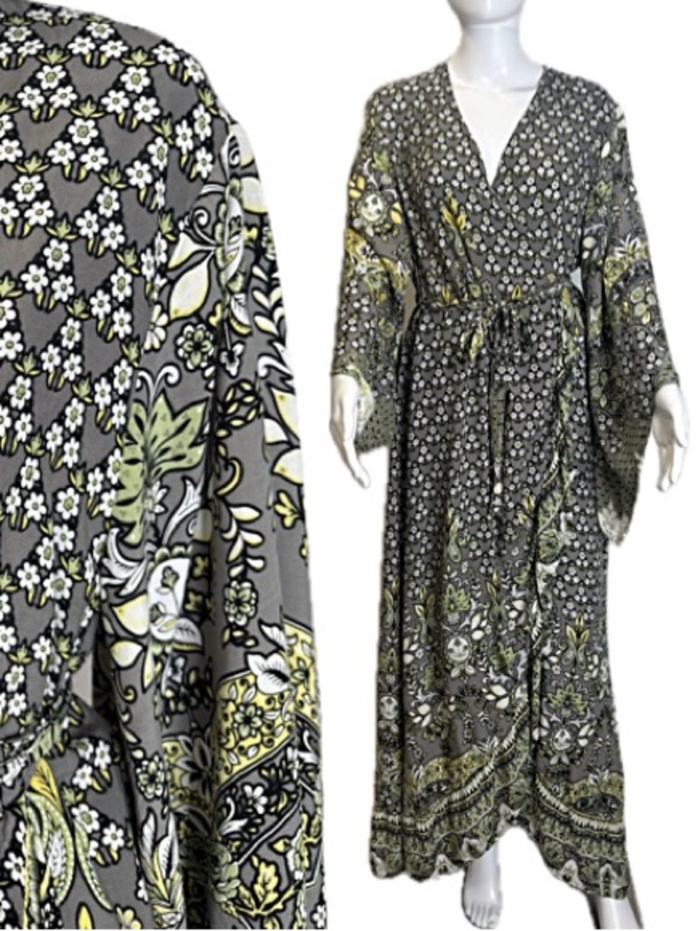 Bali Queen Floral Paisley Print Long Kimono Wrap Cardigan Top Size M/L Duster